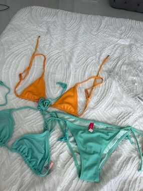 Billabong Orange & Aqua Ribbed Triangle Bikini Set and Victoria's secret bottom